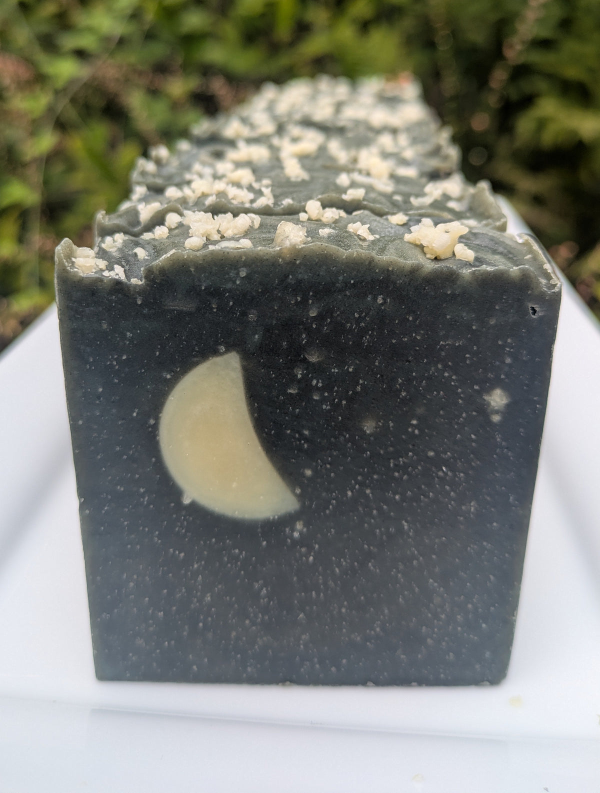 Soap on a white plate with a nature background. The bars resemble the night sky. Each bar is dark black and gray, white specks throughout to look like stars with a cream colored crescent moon.