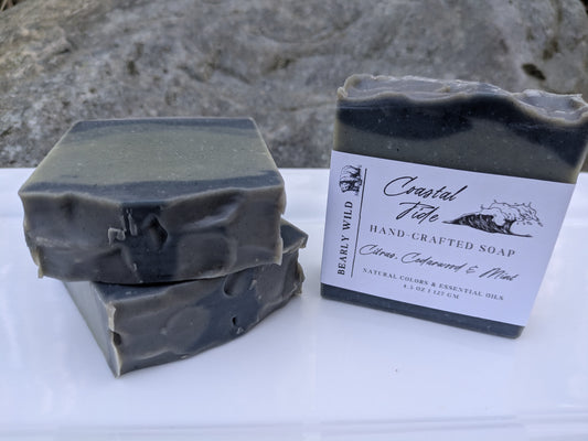 Three bars of grayish blue soap, 1 with a 'Coastal Tide' label on a white surface with a large rock in the background.