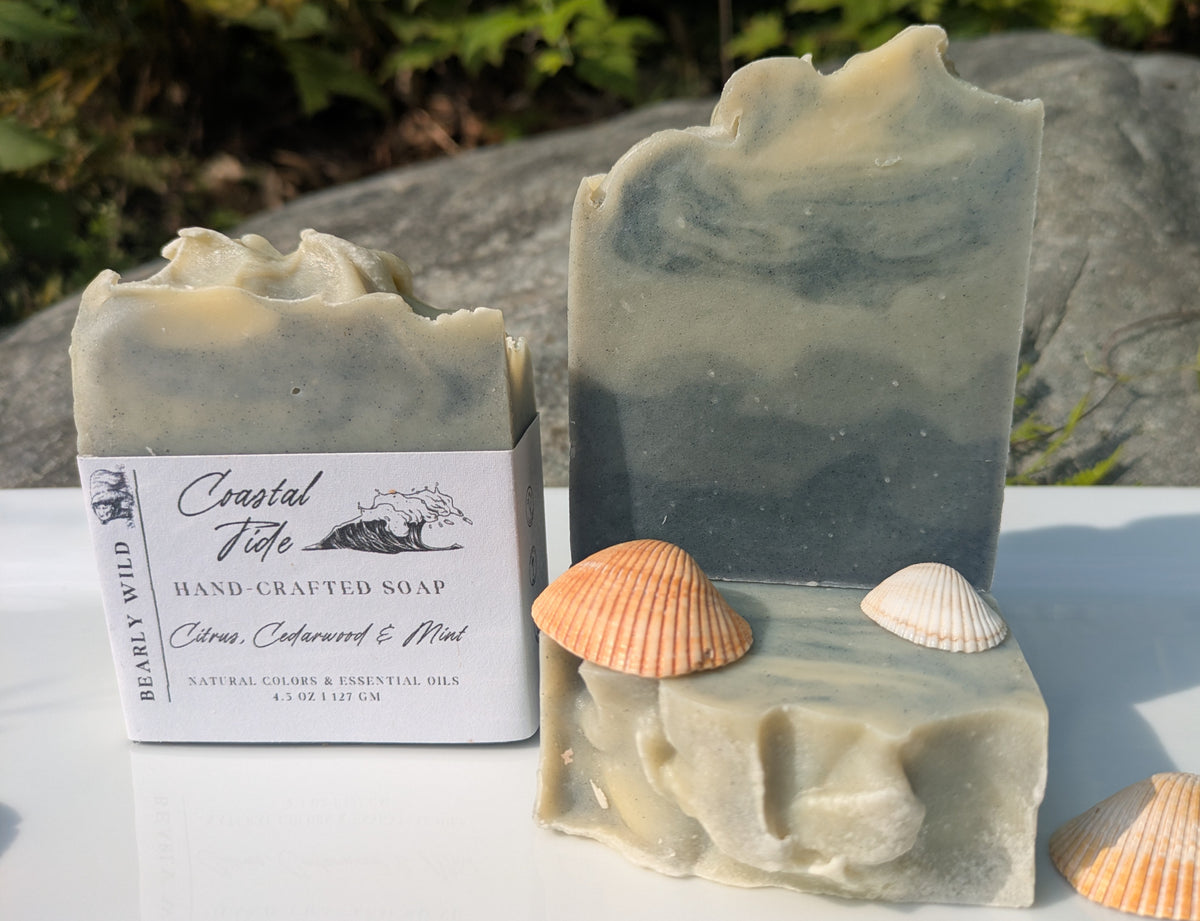 Three handmade soaps displayed outdoors on a white surface with rocks and greenery in the background. One soap is shown in its paper packaging with a label reading 'Coastal Tide' , features a wave like design. 