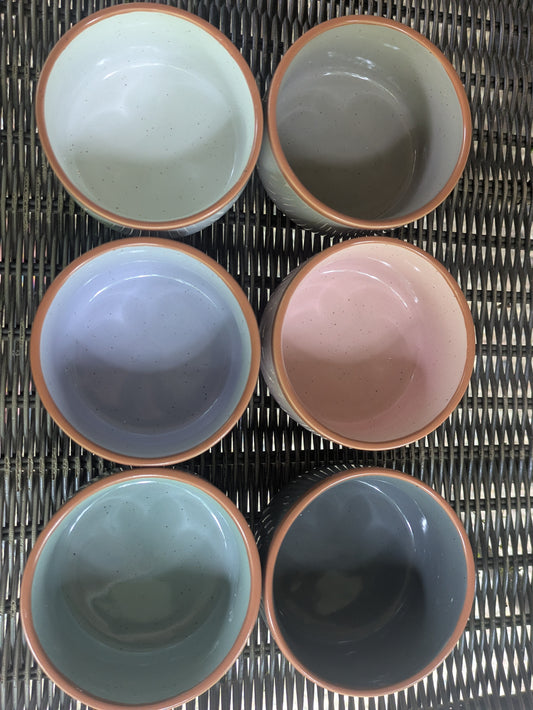 Six ceramic bowls with 3 rows and 2 columns. Top white, and beige. Middle purple and pink. Bottom  blue and dark gray. 